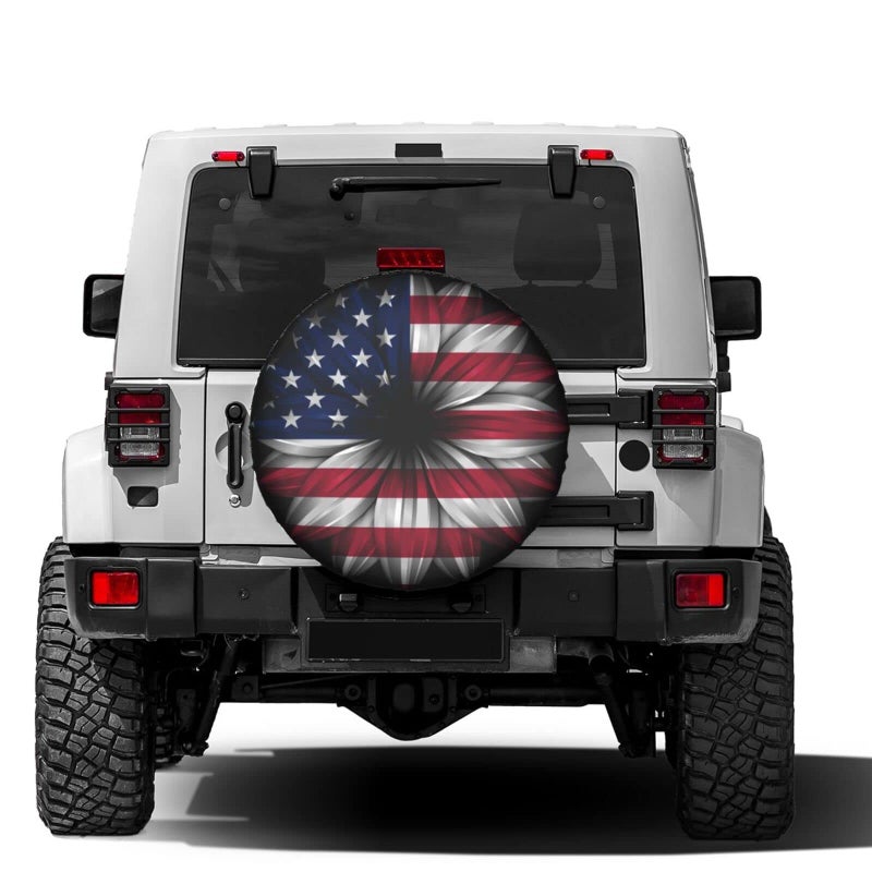 Delerain USA Flag Flower Spare Tire Covers Waterproof Dust-Proof Spare Wheel Cover Universal Fit for Trailer, RV, SUV, Truck and Many Vehicle (17 Inch for Diameter 31"-33") - Image 2